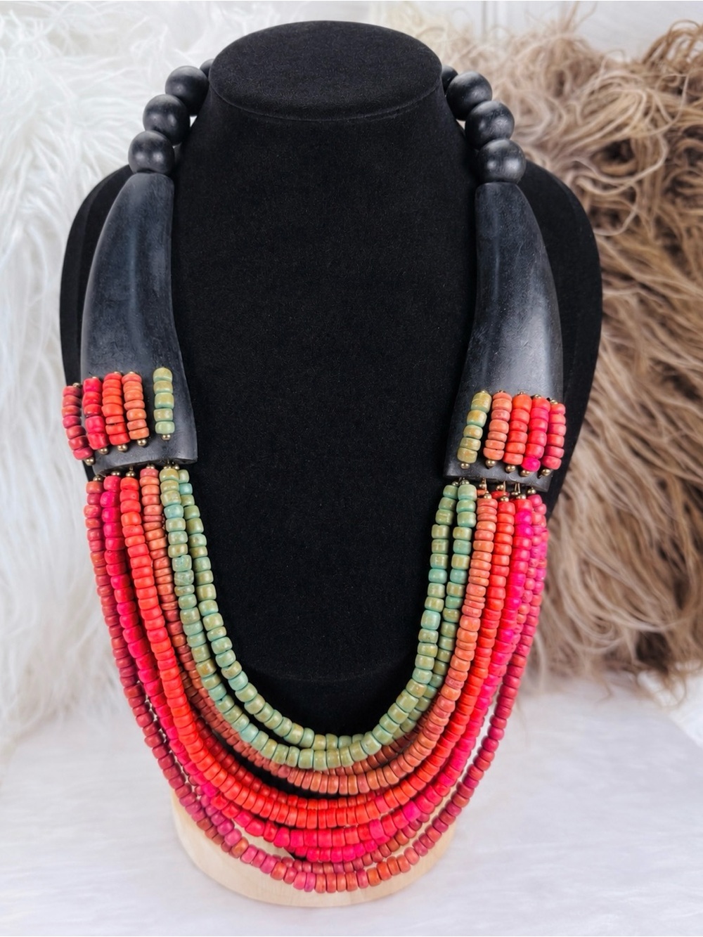 Vintage Multi Strand Red Green Beaded Statement Necklace Black Wood Accents